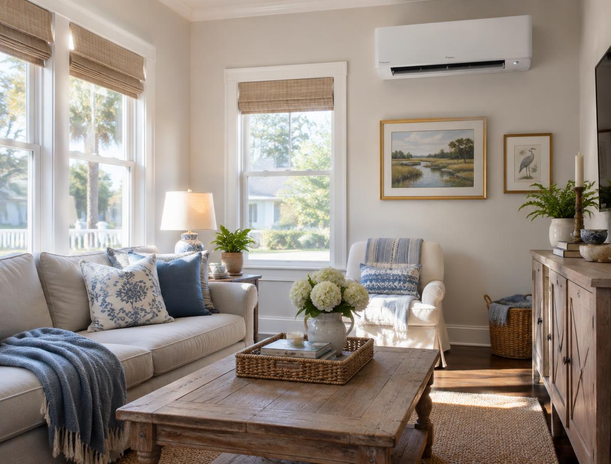 Ductless mini split cooling a sunlit living room in a Petal, MS home